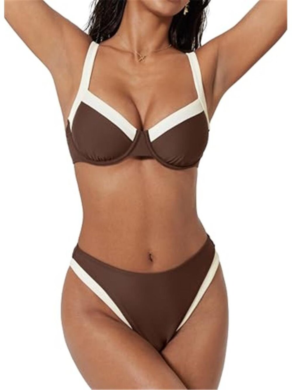 Brown Color Block Underwire Bikini Set Cheeky High Cut 2 Piece Swimsuit